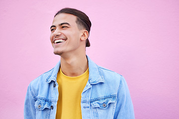 Image showing Student man, happy and fashion by background with smile, motivation or lifestyle with vision. Young gen z guy, excited and dream for future with goals, happiness and edgy clothes by pink wall in city