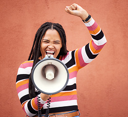 Image showing Megaphone, fight or black woman shouting in speech announcement for politics, equality or human rights. Feminist leader, revolution or loud gen z girl speaker fighting for justice on wall background