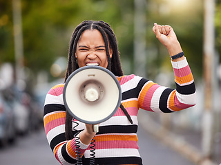 Image showing Megaphone, city or black woman in protest with speech announcement for politics, equality or human rights. Feminist leader, anger or angry girl speaker fighting or shouting for justice on street road