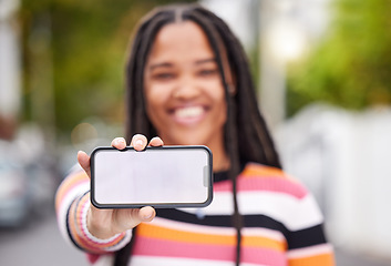 Image showing Mockup screen, phone or black woman with marketing advertising or product placement digital space. Blurred, smile or happy gen z girl on social media, website or internet for content branding review