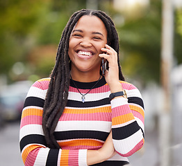 Image showing Black woman, phone call and smile in city, happiness and conversation for outdoor travel. Happy urban female talking on mobile, communication and smartphone technology of online networking connection