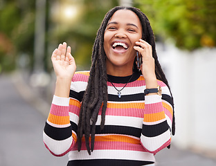 Image showing Black woman, phone call and laughing in city, happiness and conversation of outdoor travel. Happy urban female talking on mobile, communication or smartphone technology of funny networking connection