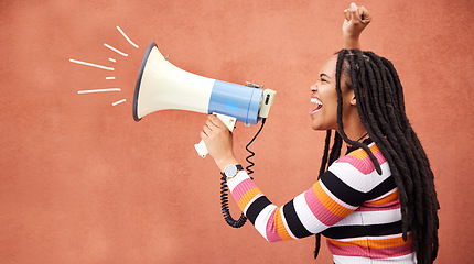 Image showing Megaphone, anger or black woman in protest with speech announcement for politics, equality or human rights. Young feminist leader, fighting or angry gen z girl shouting for justice on wall background