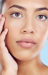 Image showing Portrait, woman and beauty in studio for skincare, wellness and cosmetics glow results from salon spa. Closeup face, facial and young model with healthy aesthetic, laser dermatology and natural shine