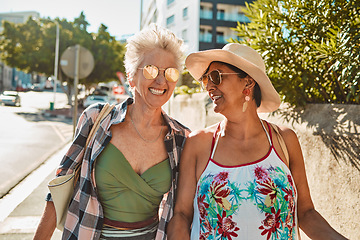 Image showing Love, friends and old women on vacation, outdoor and break with casual outfit, sunglasses and happiness. Senior citizens, mature females and summer holiday to relax, rest and quality time together