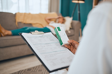 Image showing Medication, mental health and healthcare insurance paperwork in a psychology clinic session. Medical document, pill box and therapist doctor with prescription medicine for a patient in her office.