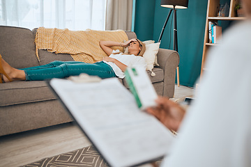 Image showing Psychology, mental health and woman at a counseling session relaxing on a sofa while talking. Therapy, rest and emotional female patient lying on the couch in the therapist office during consultation