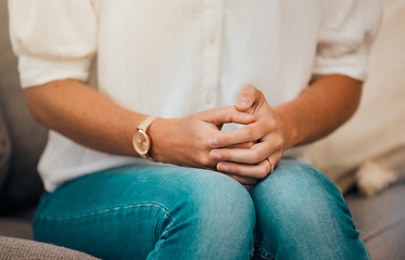 Image showing Hands, anxiety and mental health with woman in therapy, psychology and counseling with healthcare and insurance. Talk about trauma, stress or frustrated, grief and loss with depression and support