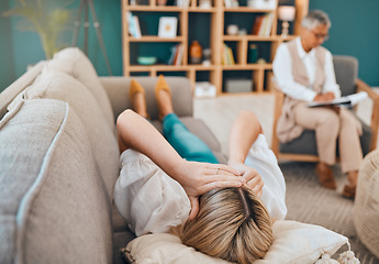 Image showing Mental health, woman lying on sofa and psychologist consulting, writing notes on clipboard for advice in office. Stress, anxiety and healthcare, sad person crying with therapist in consultation room.