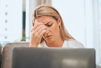 Image showing Headache, office laptop and business woman with work stress and technology burnout. Anxiety, mental health problem and employee working on a computer glitch and 404 tech issue feeling frustration