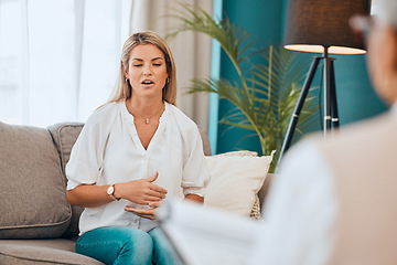 Image showing Woman, counseling and psychology consulting for therapy, mental healthcare or support. Patient talking to psychologist, therapist and medical help of depression, consultation advice or wellness check