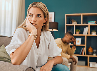 Image showing Divorce, affair and interracial couple angry in lounge, upset or disagreement with affair, separation or dishonest. Anger, black man or woman in living room, mental health or annoyed with frustration