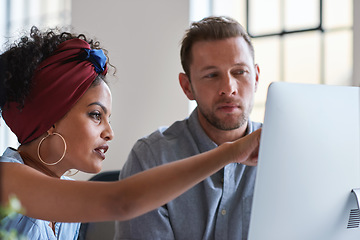 Image showing Training, planning and business people with an idea for web design, coding and project on computer. Creative, conversation and woman coaching a man on a programming system for development on a pc