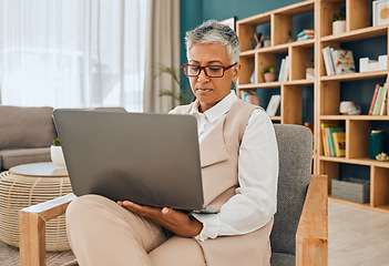 Image showing Mature psychologist, computer work and serious psychology doctor doing research in office. Therapist, reading and digital data planning of a mental health worker looking at online counseling notes