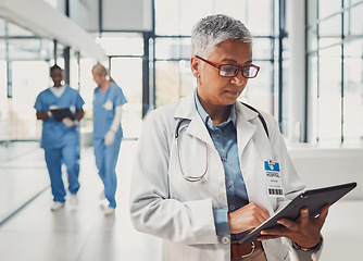 Image showing Doctor with tablet in lobby hospital, reading patient chart, email or insurance information in India. Internet, medicine and technology, medical worker checking online clinic info, schedule or report