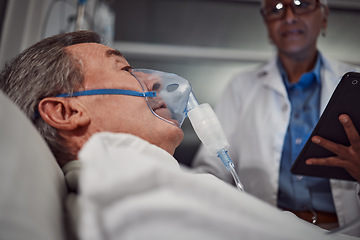 Image showing Oxygen mask, healthcare and senior man in the hospital after a surgery, treatment or medical procedure. Recovery, bed and elderly male patient in a consultation with a surgeon or doctor at a clinic.