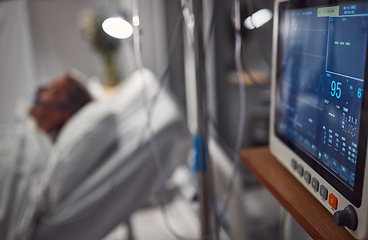 Image showing Hospital electrocardiogram, critical care and icu patient with doctor tech in a clinic. Blurred background, heart rate monitor and healthcare technology screen with cardiology and blurred background