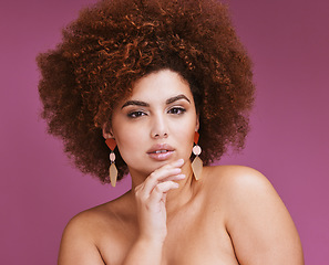 Image showing Black woman, studio portrait and beauty with afro, thinking and vision for cosmetics, wellness and hair care. African woman, natural skin glow and aesthetic with idea, confidence and cosmetic makeup