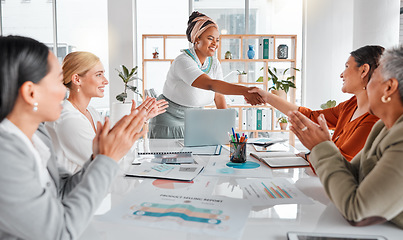 Image showing Handshake, applause and women business meeting success from b2b partnership and deal. Contract agreement, thank you and shaking hands of female office team with diversity and leadership growth