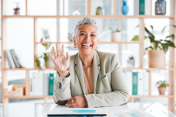 Image showing Senior woman portrait, wave and virtual business meeting call with a corporate ceo ready for working. Office, market research data and mature management employee waving for a greeting and welcome