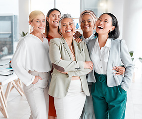 Image showing Diversity, portrait and professional women with teamwork, global success and group empowerment in office. Career love and hug of asian, black woman and senior business people or employees with smile