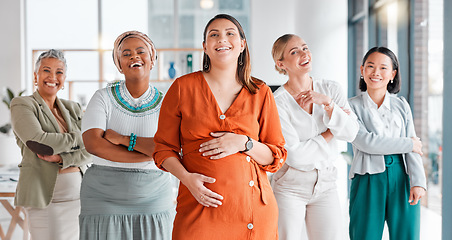 Image showing Arms crossed, leadership and portrait of a pregnant woman with a team for diversity in the workplace. Collaboration, happy and women with pride and trust for teamwork and a manager during pregnancy