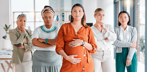 Image showing Portrait, pregnant and women in office, business and team with confidence, support and sisterhood. Face, female employees and coworkers in workplace, pregnant and diversity in company and startup