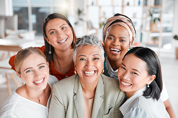 Image showing Teamwork, portrait or business women with smile, solidarity or goals together in a corporate modern office. Staff diversity, collaboration or happy people in a global advertising or marketing company