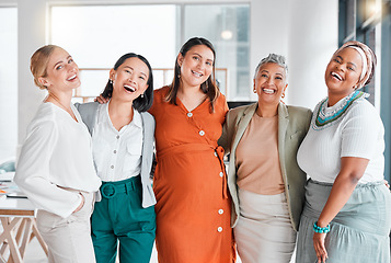 Image showing Professional women only, portrait and diversity in office teamwork, inclusion and empowerment hug together. Happy asian, african and senior manager with pregnant woman for company goals and success