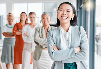 Image showing Asian woman, office team portrait and success of leadership, company communicate and vision. Diversity, business women and startup agency of a creative marketing group with a proud smile in agency