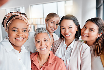 Image showing Business selfie, market research team and portrait of women in office with collaboration support. Diversity, smile and creative marketing group with happiness from startup company success and work