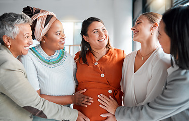 Image showing Pregnant, women touch stomach and support with smile, love and solidarity with care, wellness and bonding. Pregnancy, females and ladies feeling tummy, belly growth and community with diversity