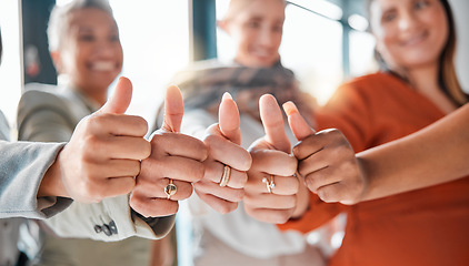 Image showing Hands, team and thumbs up for winning, deal or success in coordination or corporate achievement at office. Hand of group showing thumb sign in teamwork celebration for partnership, agreement or win