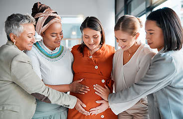 Image showing Business friends, office and touch for pregnancy, stomach and excited with support, solidarity and care. Group, women and pregnant woman with love, team building and happiness at financial workplace