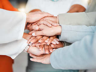 Image showing Team, hands together and collaboration in trust or unity for coordination or corporate goals at the office. Hand of group in teamwork celebration for partnership, agreement or community support