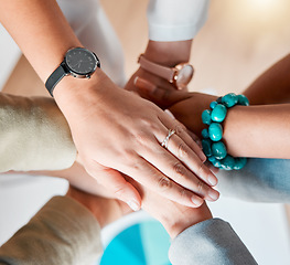 Image showing Business people, hands together zoom and diversity of women in office feeling support and success. Happiness, collaboration and teamwork of workers with work cooperation, trust and motivation