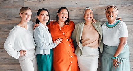 Image showing Friendship, happy and portrait of a pregnant woman with females by a wood wall at her baby shower. Happiness, diversity and group of ladies supporting, loving and bonding with pregnancy together.