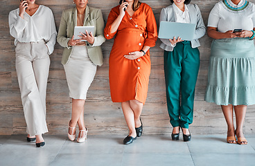 Image showing Recruitment, waiting room and business women on technology for job search opportunity or career inclusion. Diversity, equality of corporate people in Human Resources office on computer and phone call