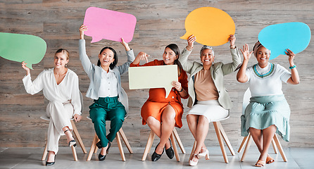 Image showing Chat, review and portrait of women with speech bubble for contact information on mockup. News, blank and people in business with a board for feedback, survery and social media conversation with space