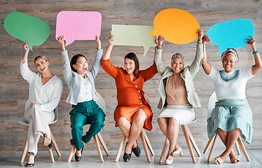 Image showing Chat, excited and portrait of women with speech bubble for contact information on social media. News, blank and people in business with a mockup board for review, feedback and conversation with space