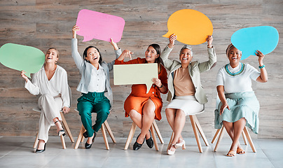 Image showing Chat, feedback and portrait of women with speech bubble for contact information on mockup. News, blank and people in business with a board for a survey, social media and conversation with company