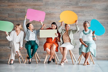 Image showing Chat, social media and portrait of women with speech bubble for contact information on mockup. News, blank and people in business with a board for branding, hiring and conversation with company