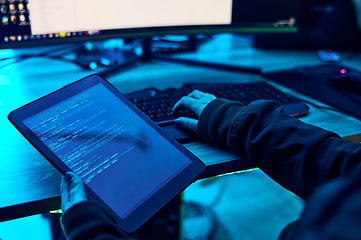 Image showing Tablet, html screen and programmer hands with coding software system for cyber security or hacking. Information technology, programming or coding hacker person with data, server and neon dark office