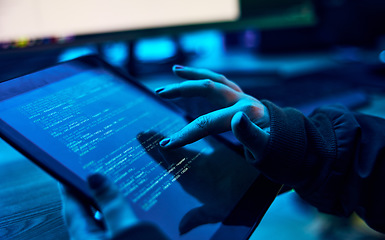 Image showing Tablet, programmer hands and html screen for coding software system. cyber security ro database hacking. Information technology, programming or coding hacker person on script app in neon night office