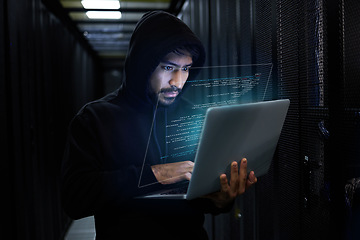 Image showing Cyber security, crime and hacker coding in server room with laptop at data center and stealing sensitive digital information. Technology, software and man hacking in database to update ransomware.