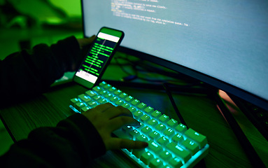 Image showing Phone, neon and hands typing on a keyboard while doing website design or coding on a computer at night. Technology, cellphone and male coder working late on webdesign project in office in the evening