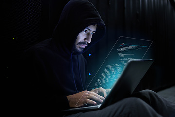 Image showing Cyber security, crime and hacker with laptop coding malware in data center stealing sensitive digital information. Technology, software and man hacking in database to update ransomware on website.