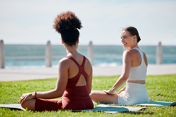 Image showing Yoga, park and young couple of friends or women for zen fitness, exercise and mindfulness, healing and support. Pilates training, workout people talking of health and body wellness together at beach
