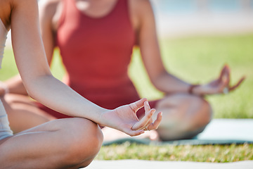 Image showing Yoga class, lotus hands and women for zen fitness, exercise and mindfulness, healing and peace in park grass. Meditation, nature and calm people, personal trainer for mental health and body wellness