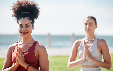 Image showing Yoga, praying and portrait of black woman in zen fitness class, exercise and mindfulness for healing and peace. Meditation, beach or park of sports people or USA personal trainer prayer and namaste